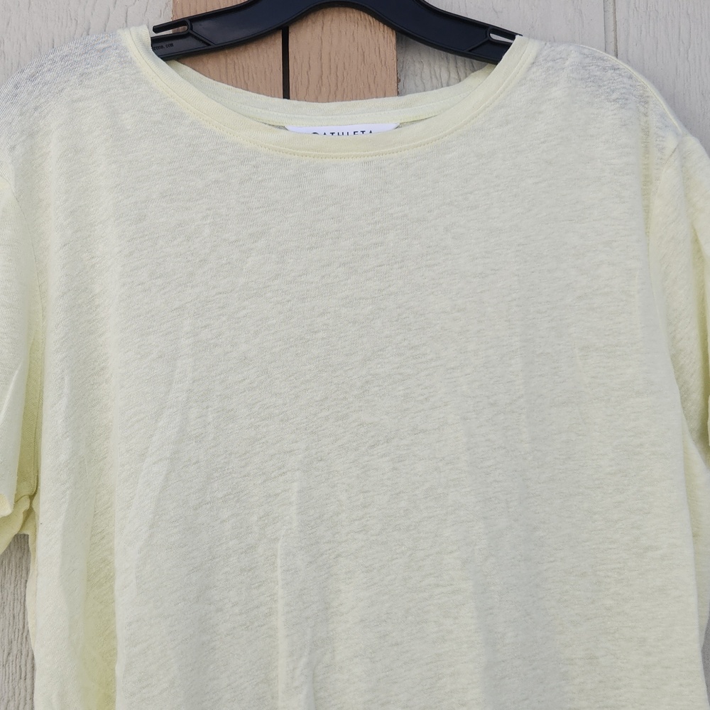 Athleta Pastel Yellow Linen Tshirt Coastal Airy Small Beachy Breathable Athletic - Picture 2 of 5